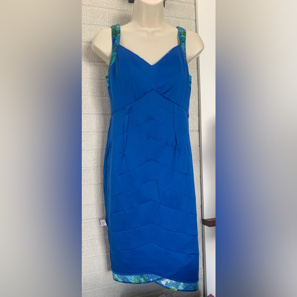 London Times Blue and Green Satin Tiered Sleeveless Cocktail Dress 6 Petite EUC - Picture 9 of 12